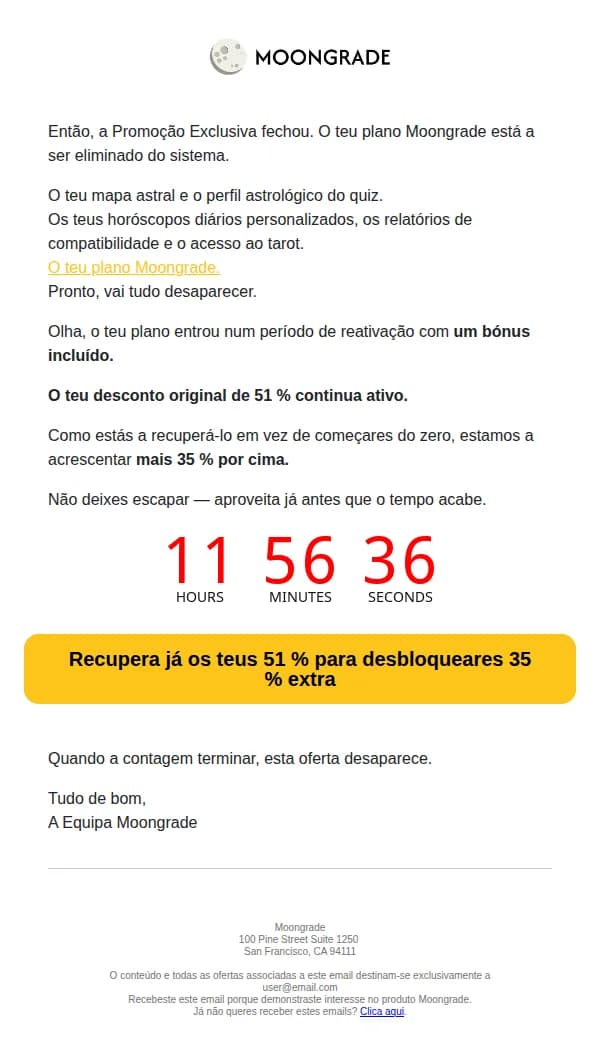 Moongrade email: O teu plano Moongrade vai ser eliminado hoje à noite