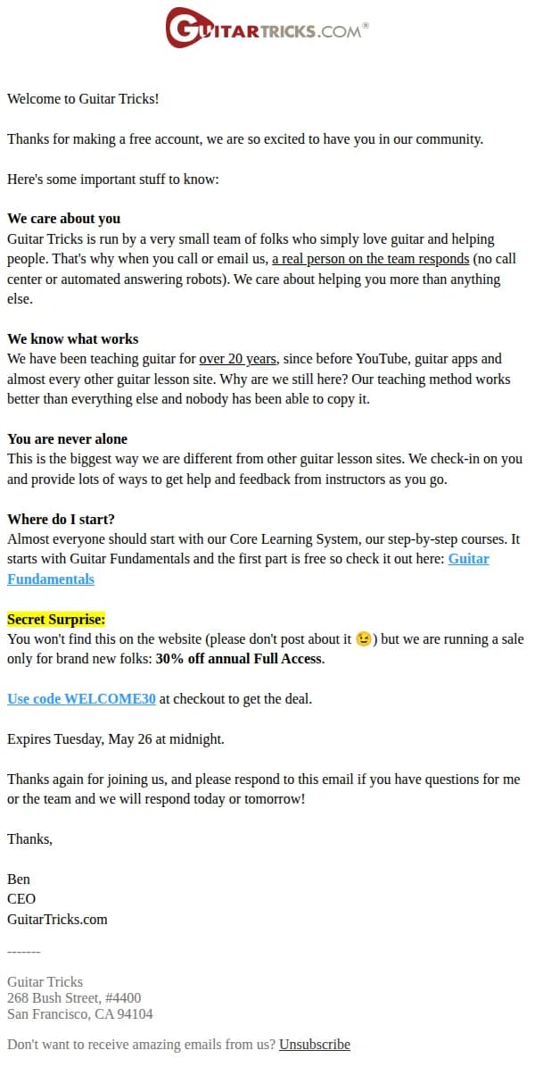 Guitar Tricks email: Welcome! Here's where to start plus a secret surprise inside...