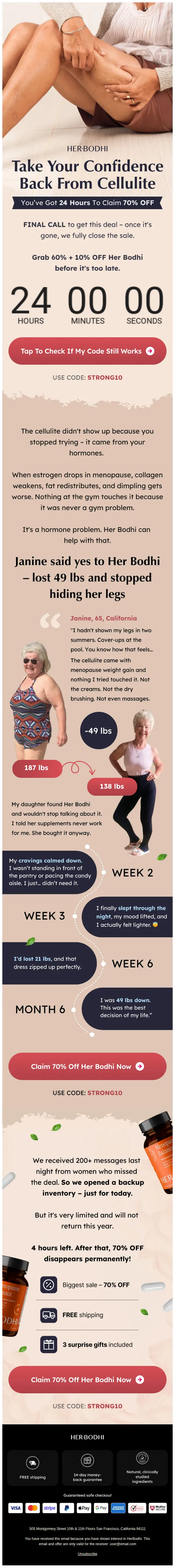 HerBodhi email: The leg fat menopause gave you – you can give it back.