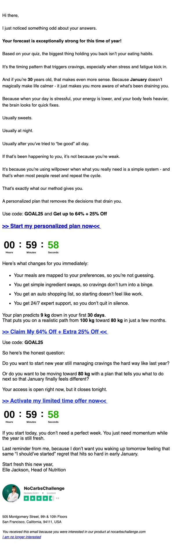 No Carb's Challenge email: Your 100 kg→ your 80 kg path looks fixable in 2026.