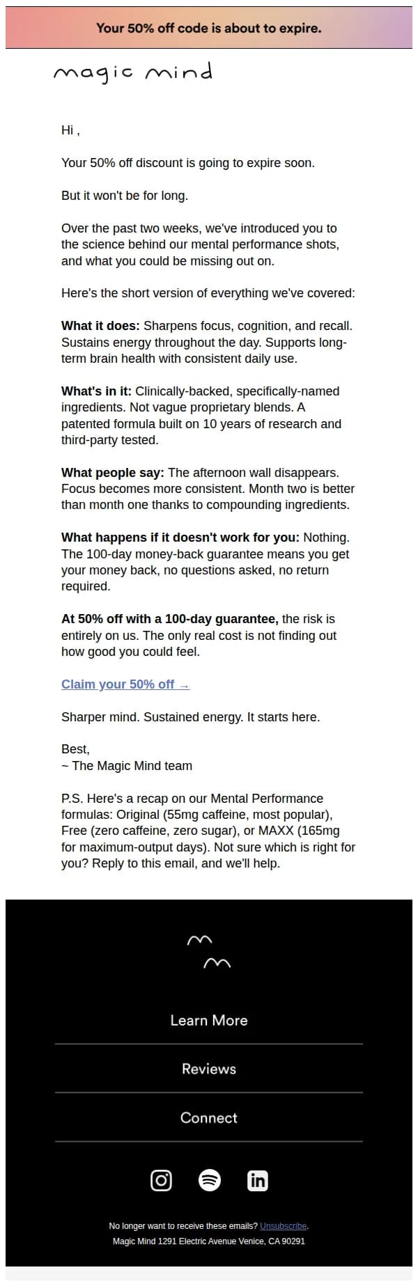 Magic Mind email: Your 50% off expires soon…