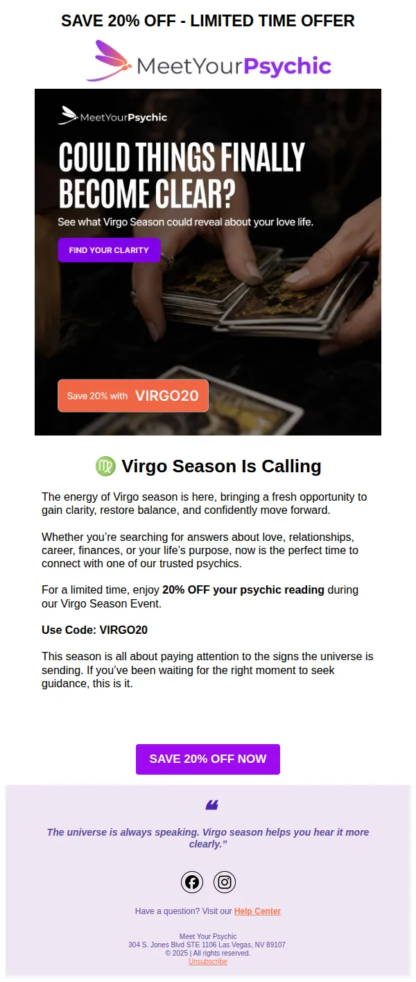 Meet Your Psychic email: ♍ Save 20% Off Today: Virgo Season Is Calling