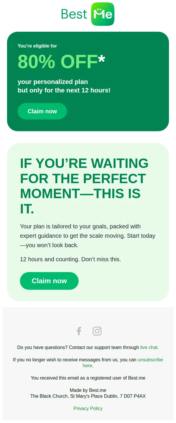 Best.me email: You have 12 hours to activate your plan