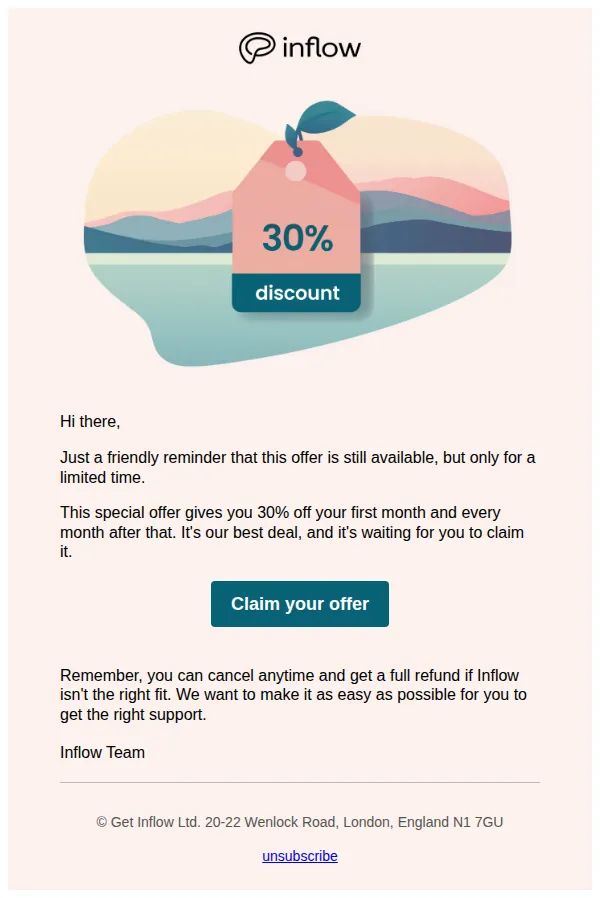Inflow email: Re: Don't miss your 30% Inflow discount