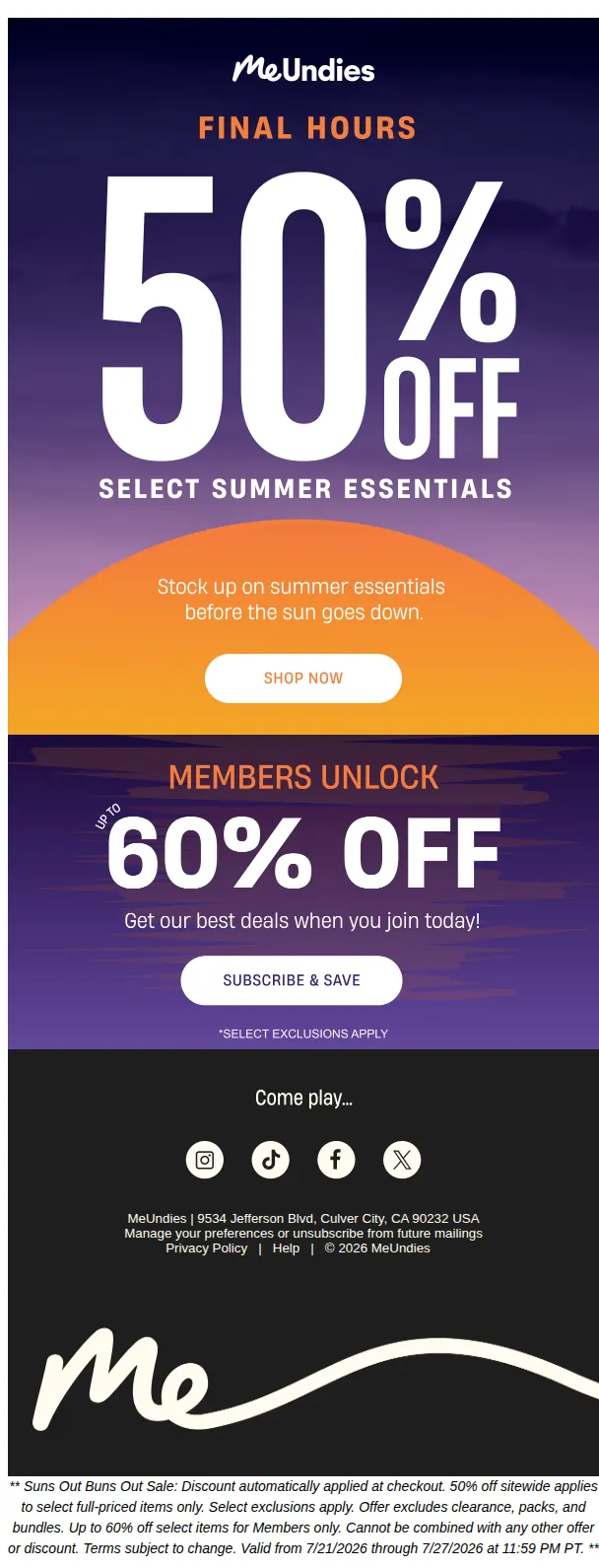 MeUndies email: FINAL HOURS: 50% off