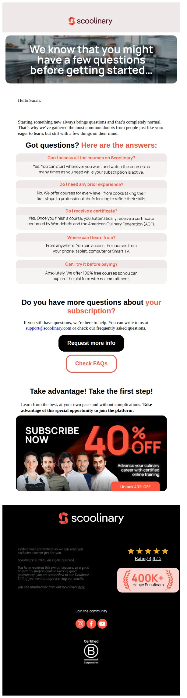 Scoolinary email: 👉 Sarah, got questions? Find answers here