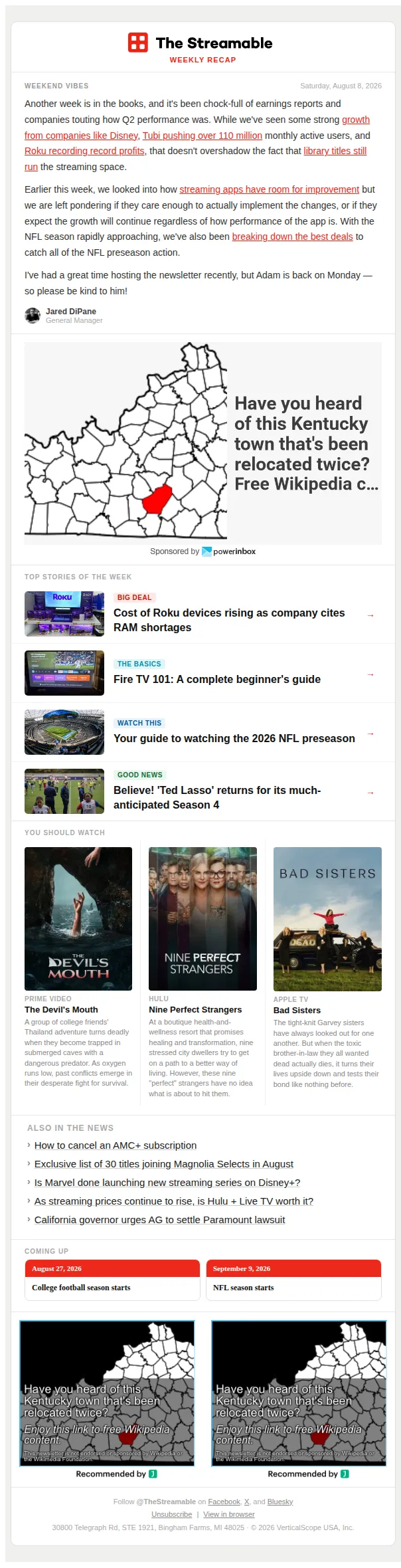 The Streamable email: 🗓️ Weekly Recap: Profits and growth, Roku points blame, and NFL preseason deals