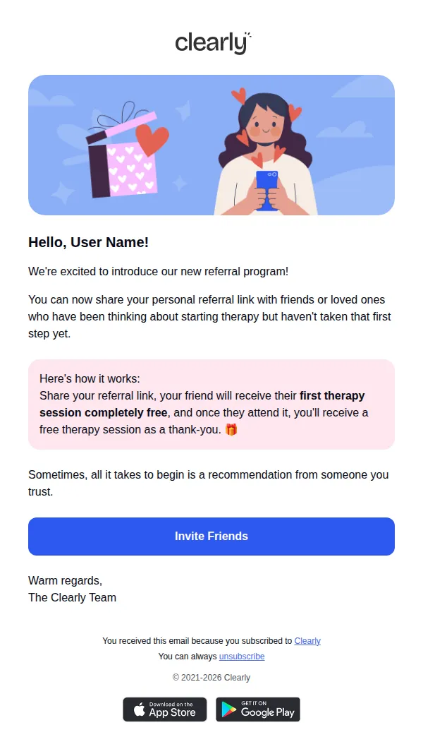 Clearly email: Invite friends and earn free therapy sessions ✨