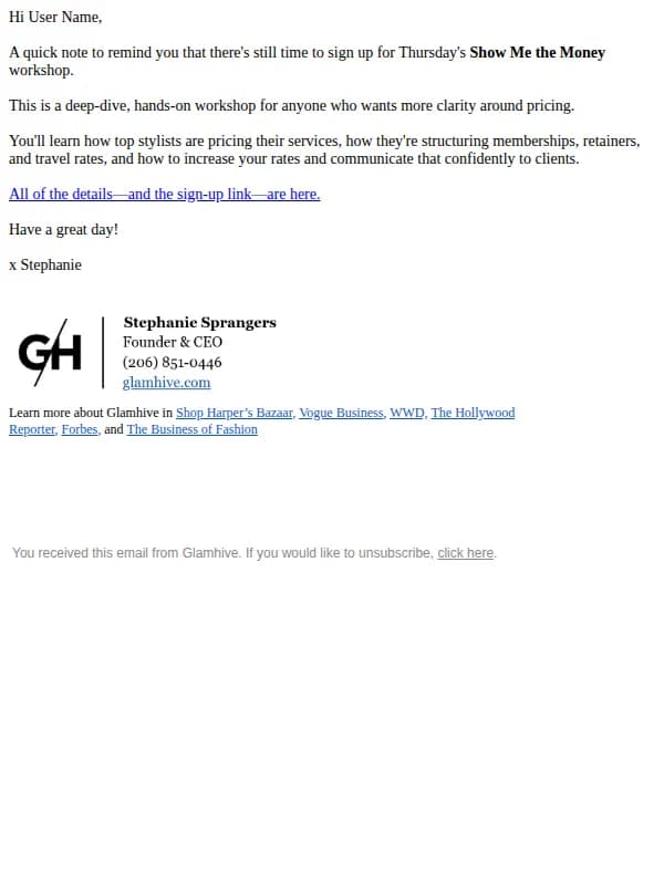 Glamhive email: Join Us *this Thursday* Glamhive Stylist Pricing Workshop