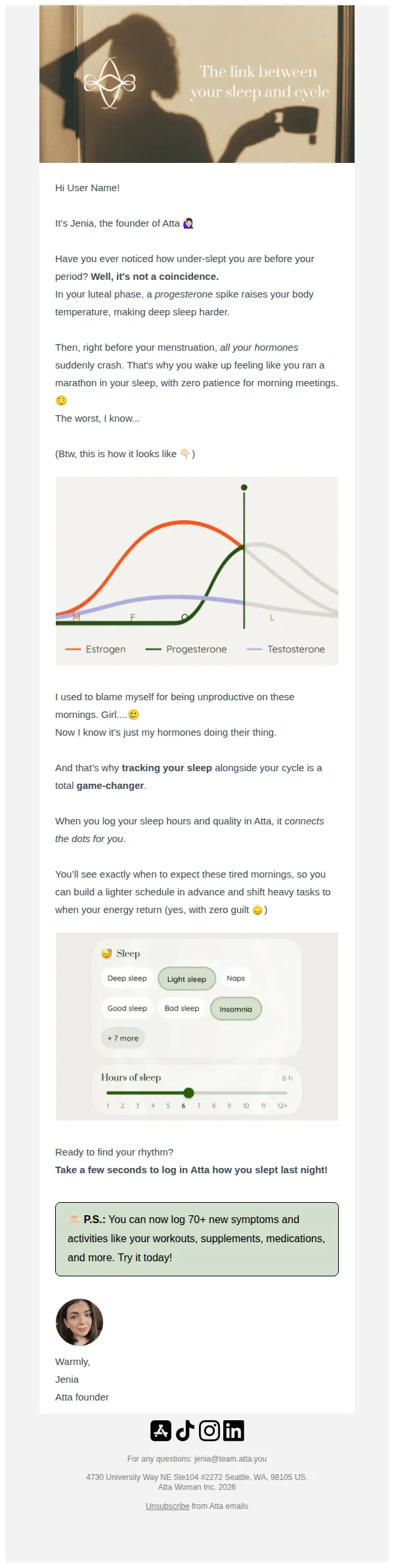 Jenia from Atta email: Why hormones ruin your sleep 👀 🥱