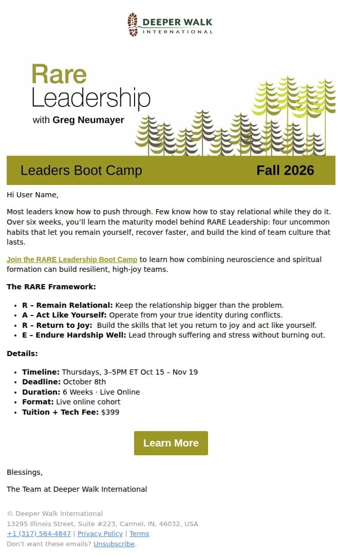 Deeper Walk email: RARE Leadership Boot Camp - October