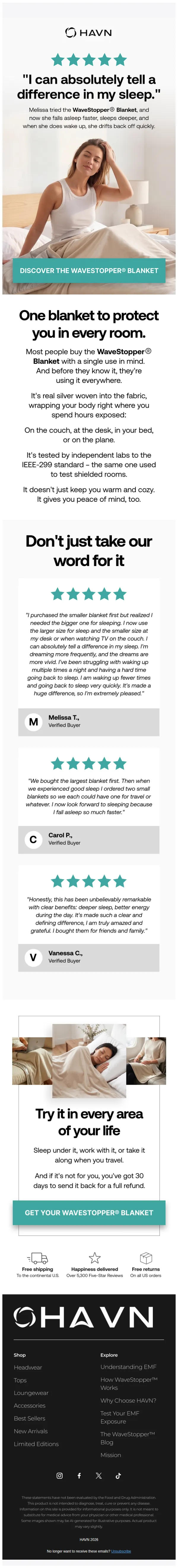 HAVN email: She slept like a baby with this blanket (you will too)