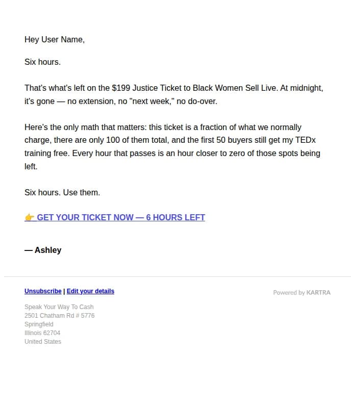 Ashley Kirkwood email: 6 hours left