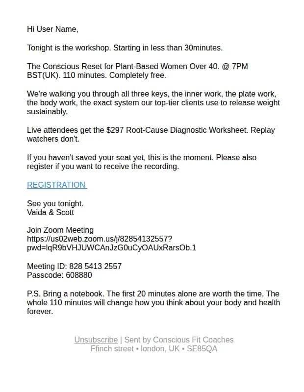 Conscious Fit Coaches email: last call, the workshop is TONIGHT