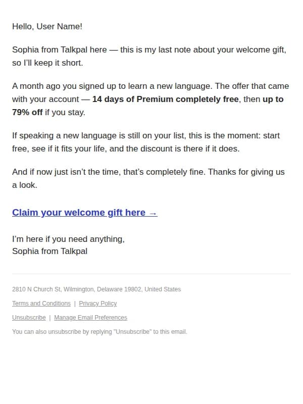 Talkpal AI email: User Name, the special gift is still available!