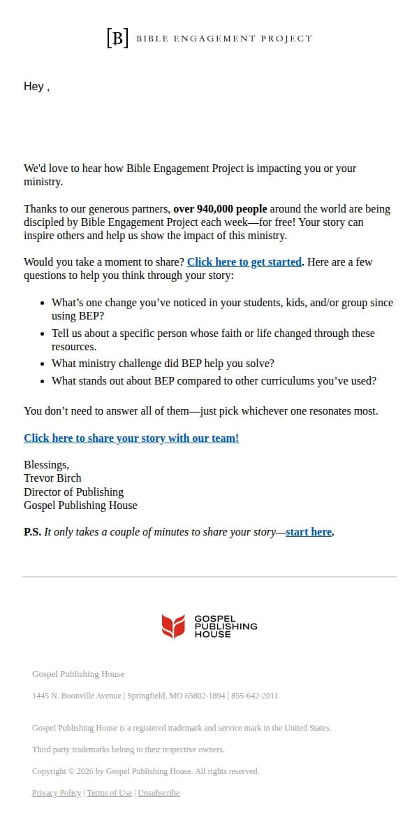 Bible Engagement Project email: We'd Love to Hear Your Story!