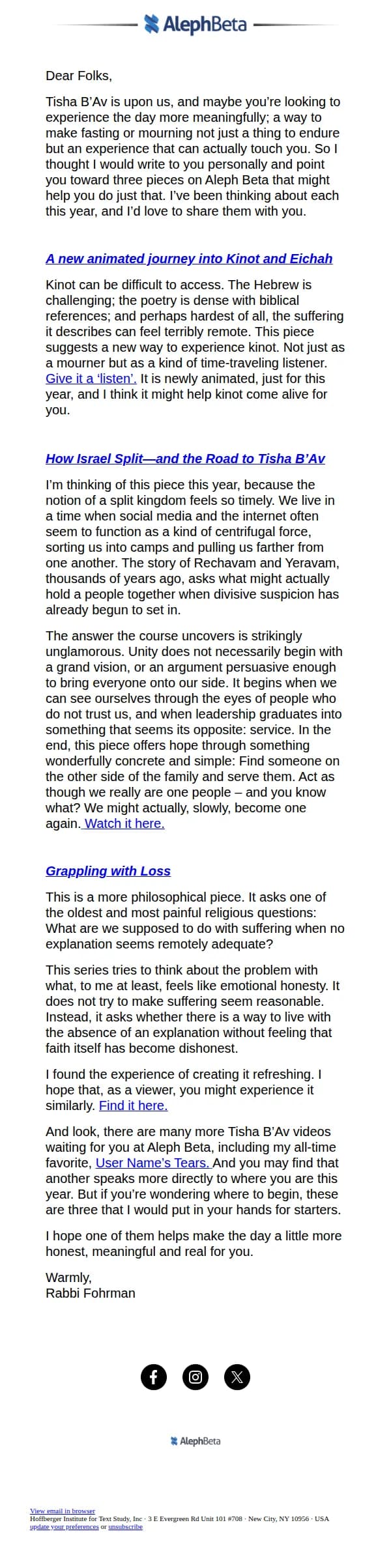 Aleph Beta email: Three pieces I’d recommend this Tisha B’Av