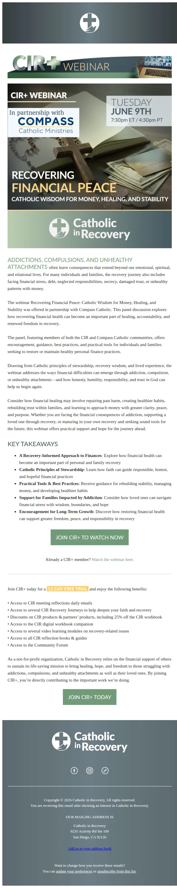 Catholic in Recovery email: Watch the latest CIR+ webinar: "Recovering Financial Peace: Catholic Wisdom for Money, Healing, and Stability"