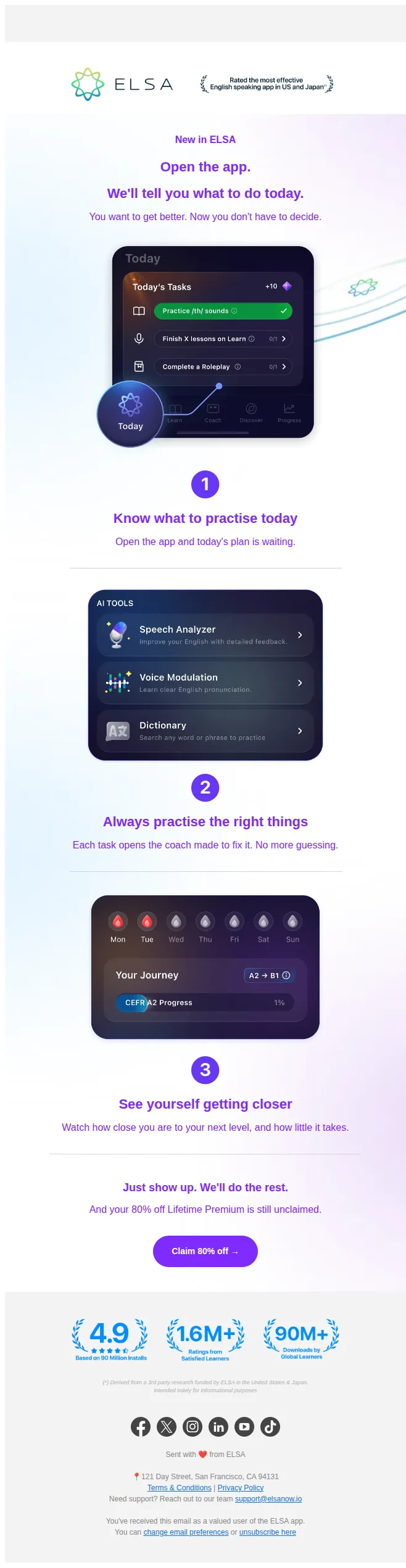 ELSA Speak email: No more deciding what to practise, useremail!