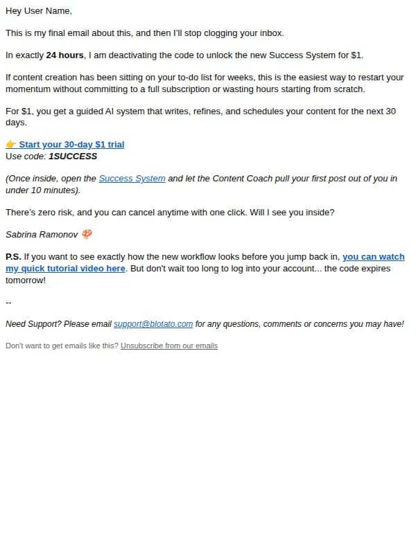 Blotato email: ⏰ Code 1SUCCESS expires in 24 hours (final notice)