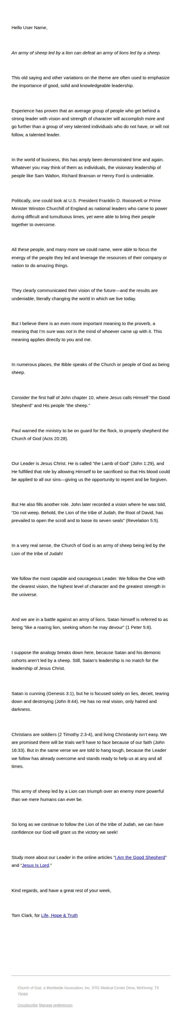 Life Hope & Truth email: An army of sheep led by a lion?