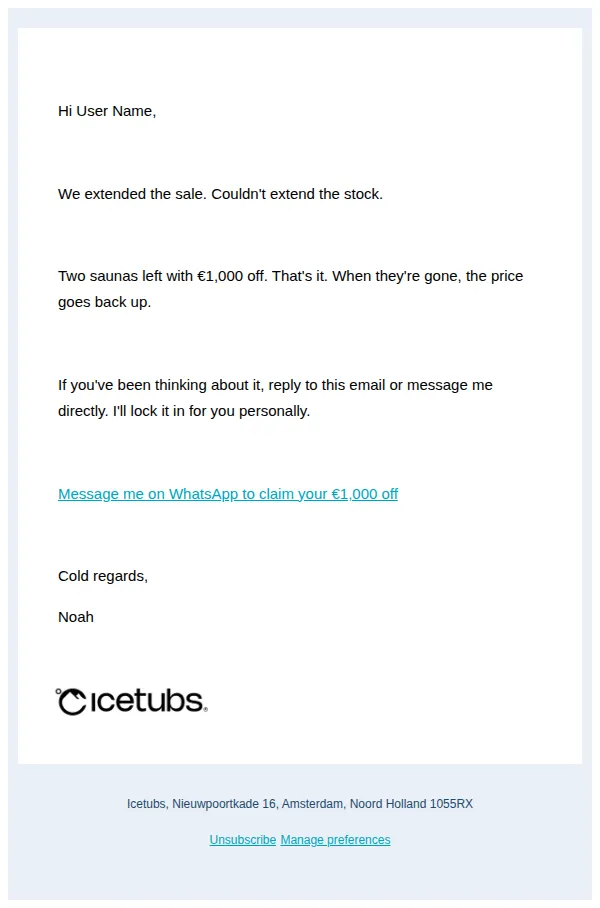 Icetubs email: We only have 2 saunas left