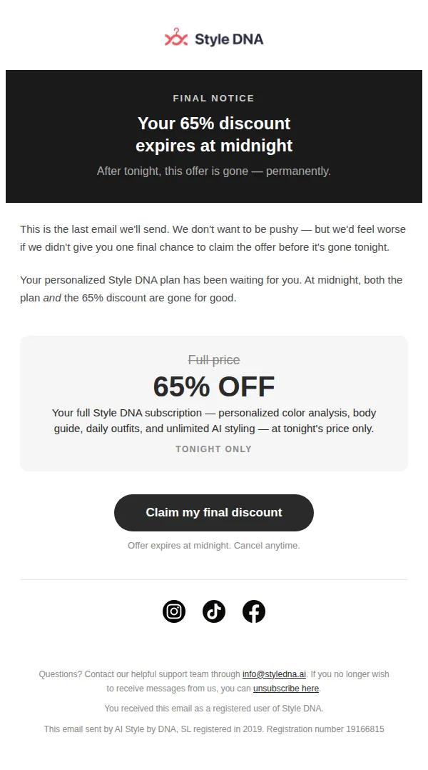 Style DNA email: Final hours: 65% off ends at midnight