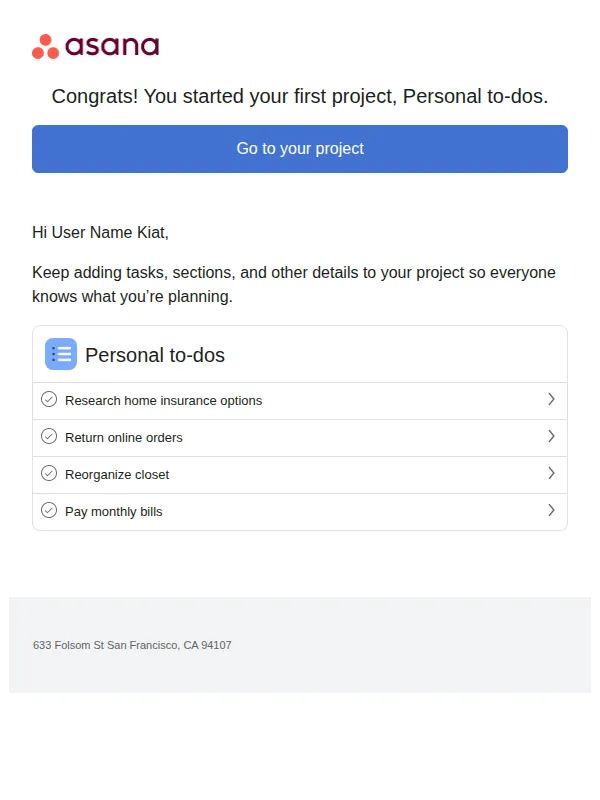 Asana email: 🎉 You started your first project