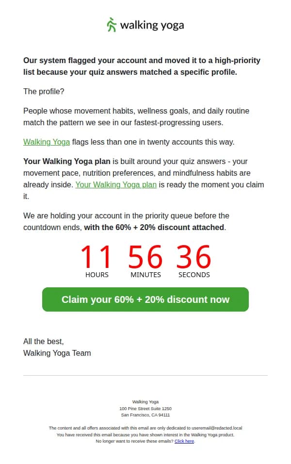 Walking Yoga email: Your account #WAU16QD7 showed up in a high-priority queue