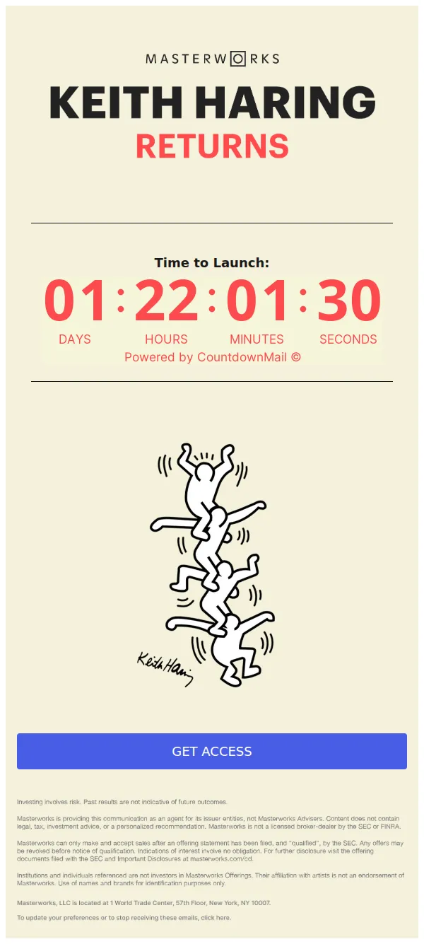 Masterworks email: Keith Haring: Launching Soon