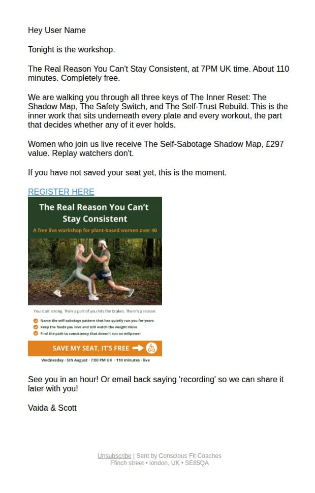 Conscious Fit Coaches email: last call - free workshop