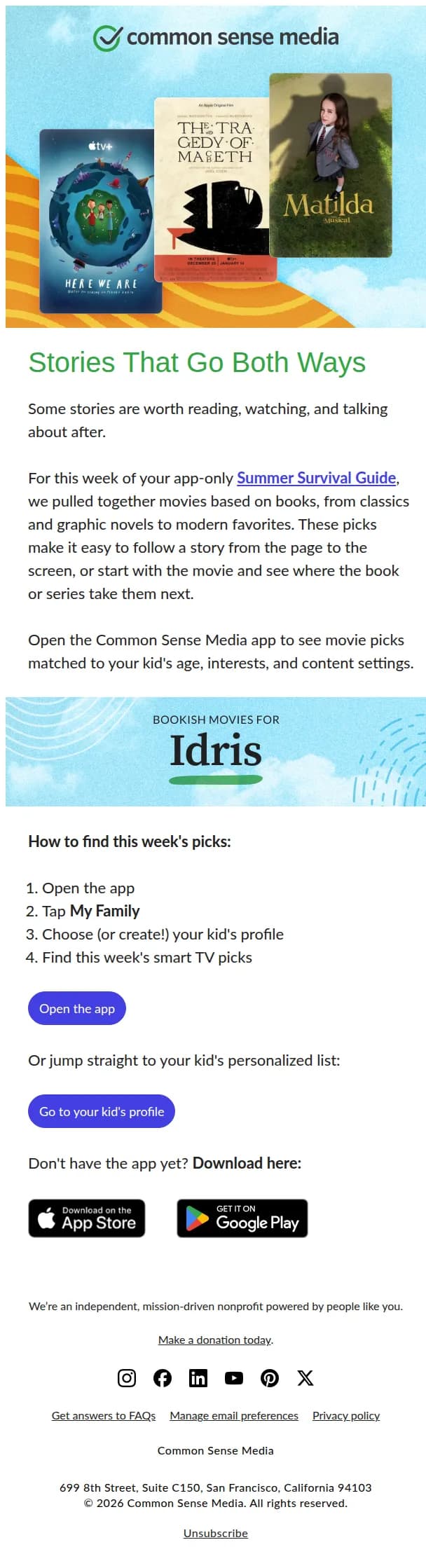Common Sense Media email: Movies Based on Books Kids Love 📖