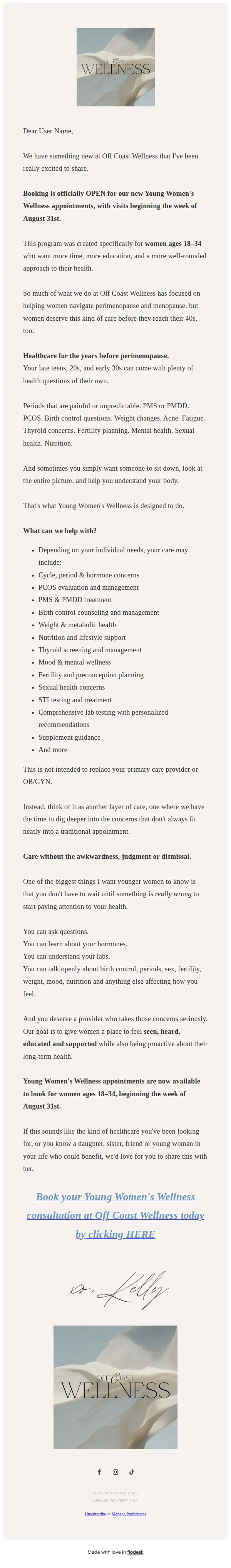 Off Coast Wellness email: New at OCW: Young Women's Wellness is now open