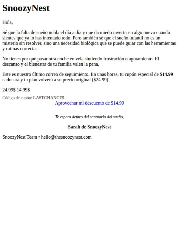 Sarah de SnoozyNest email: Te seré sincera (oferta final para el plan de tu bebé) ⏳