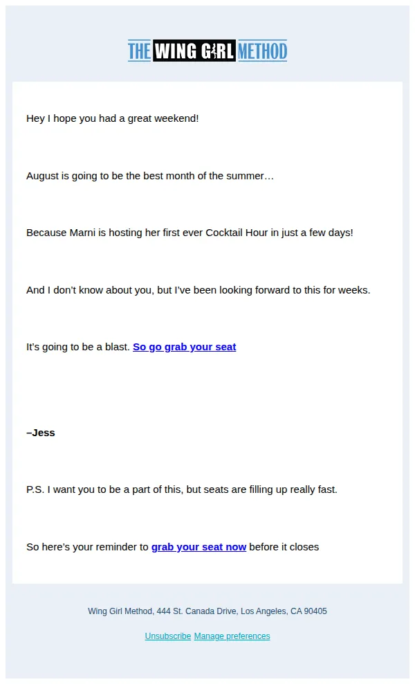 The Wing Girl Method email: Happy August 🌞 I’ve got something for you