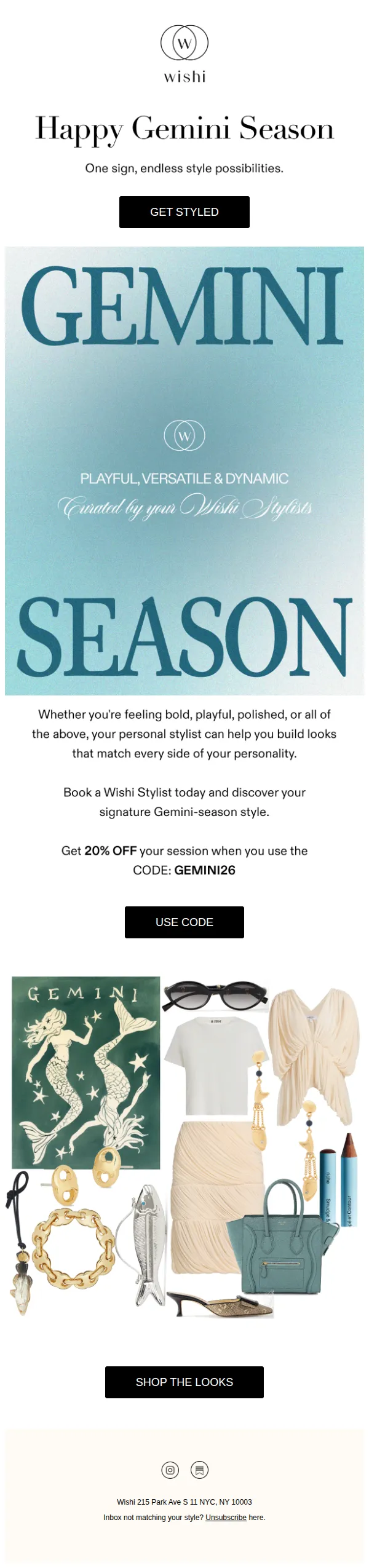 Wishi email: Your Gemini looks are ready (+ 20% off your session)