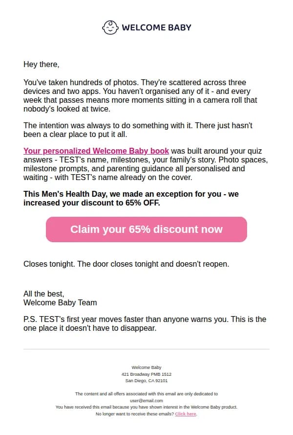 Welcome Baby email: re: I made an exception for you