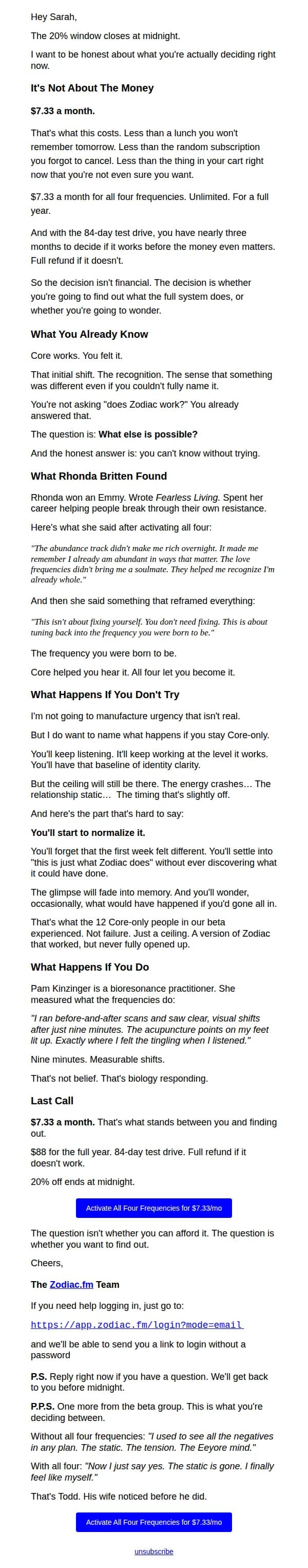 Zodiac.fm email: Midnight: 20% off ends (here's what you're actually deciding)