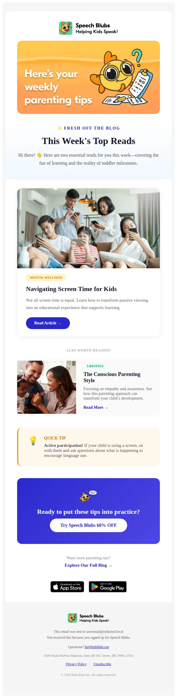 Speech Blubs email: 💛 This Week's Parenting Tips: Navigating Screen Time for Kids