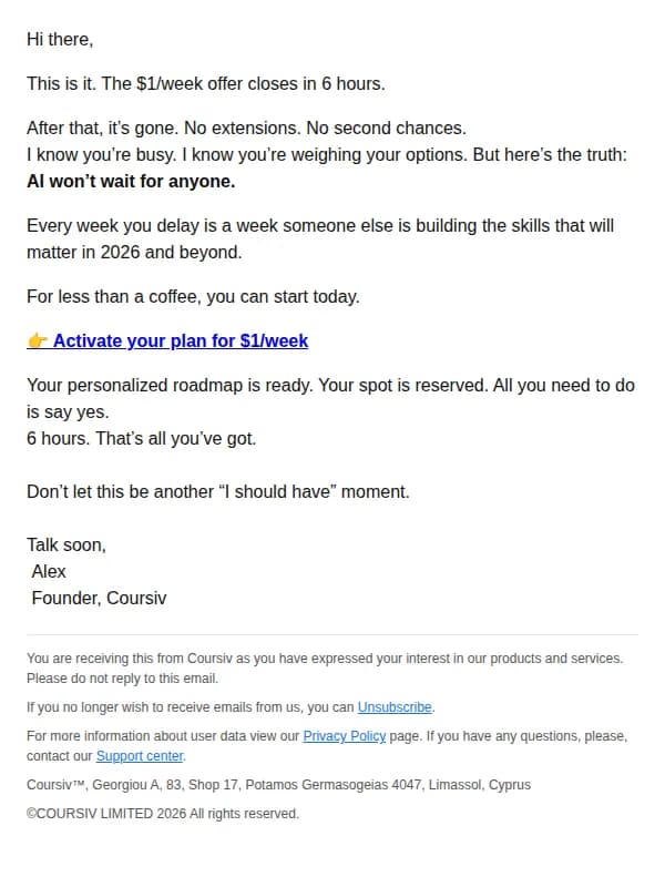 Coursiv email: Last call (literally)