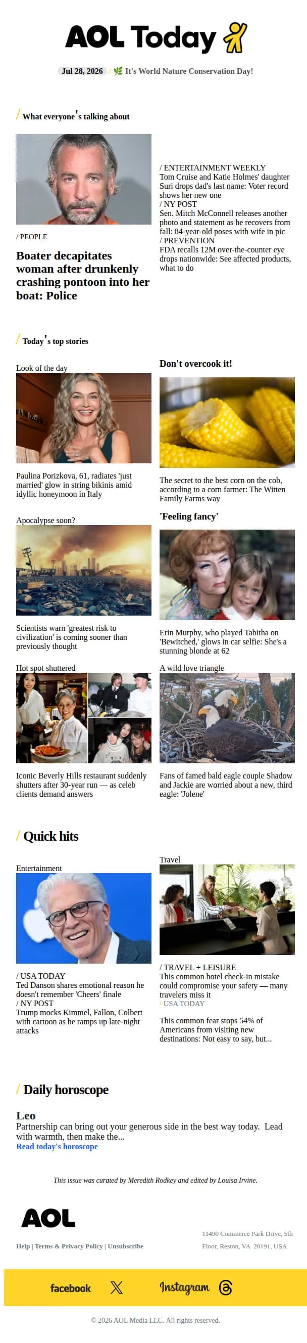 AOL Today email: 12M eye drops recalled; boater decapitates woman; bald eagle love triangle