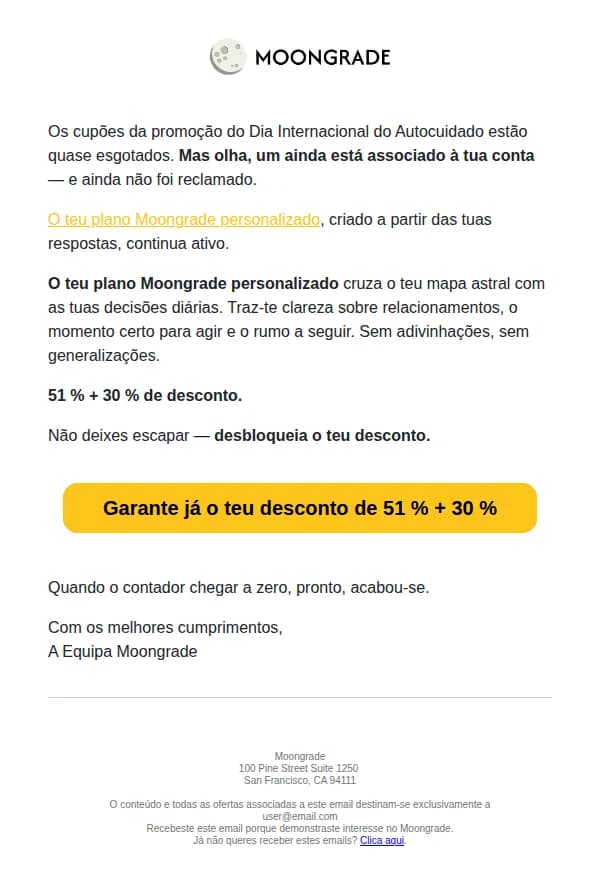 Moongrade email: Olha, o teu desconto Moongrade ainda está ativo