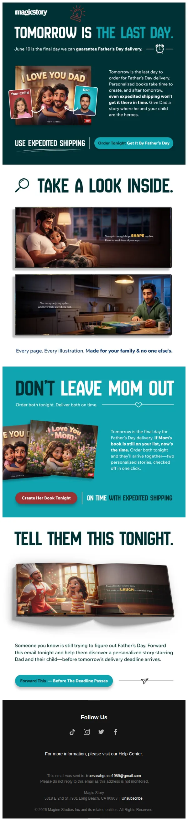 Magic Story email: Tomorrow is the last day for Father's Day delivery 💙