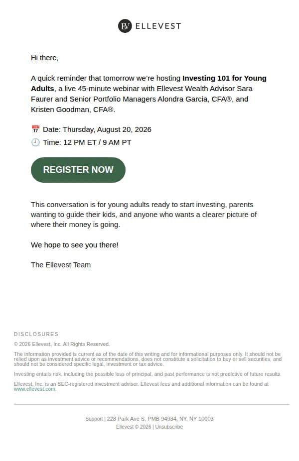 Ellevest email: Tomorrow: Investing 101 for Young Adults
