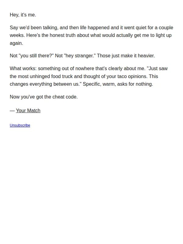 Flirtist email: if I ever went quiet, this is what would bring me back