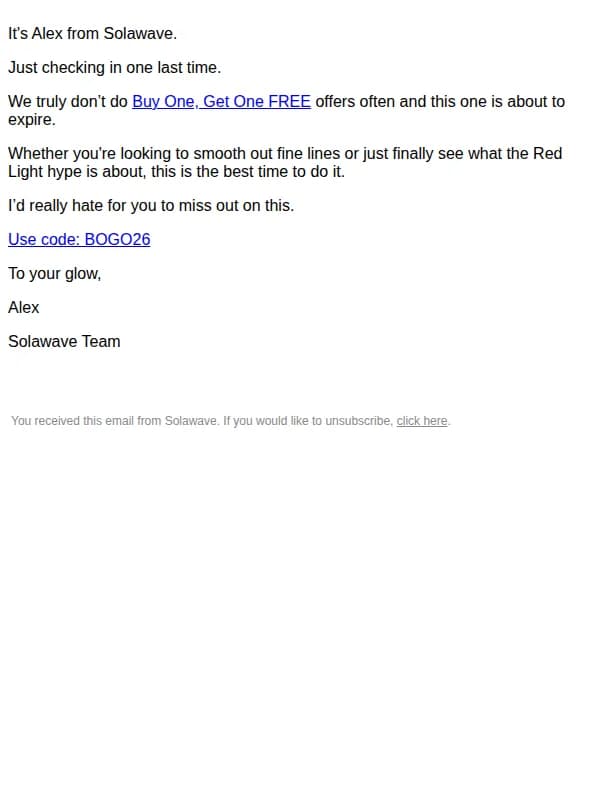Solawave email: Last chance to get your FREE device.