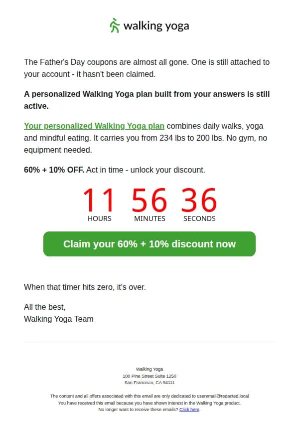 Walking Yoga email: Your Father's Day coupon is still unclaimed