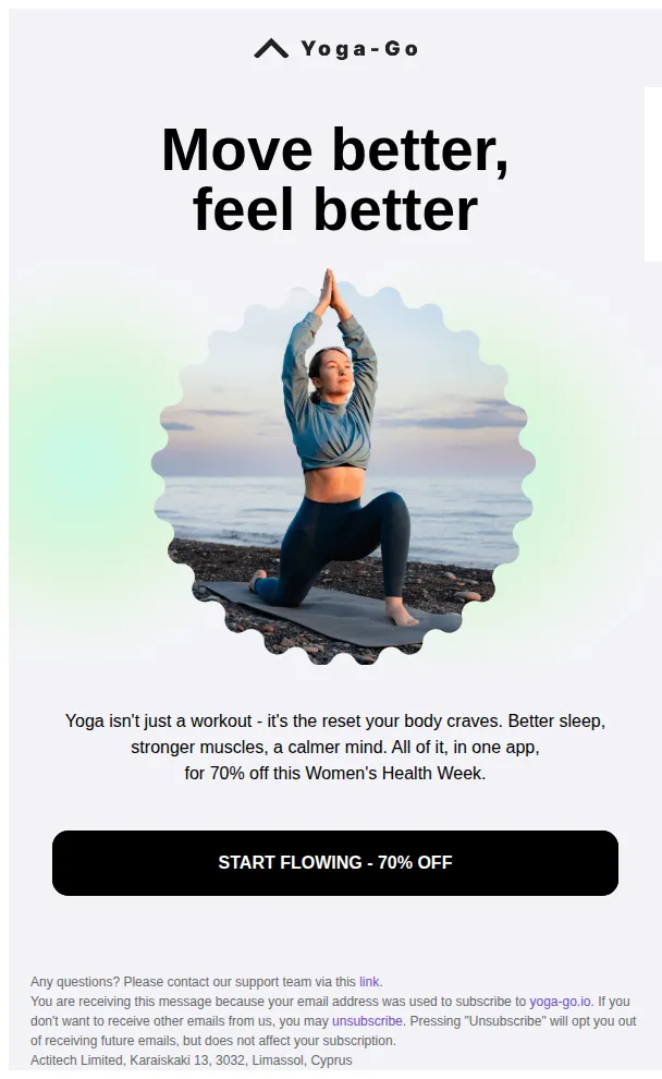 Yoga-Go email: Get 70% off for Women's Health Week