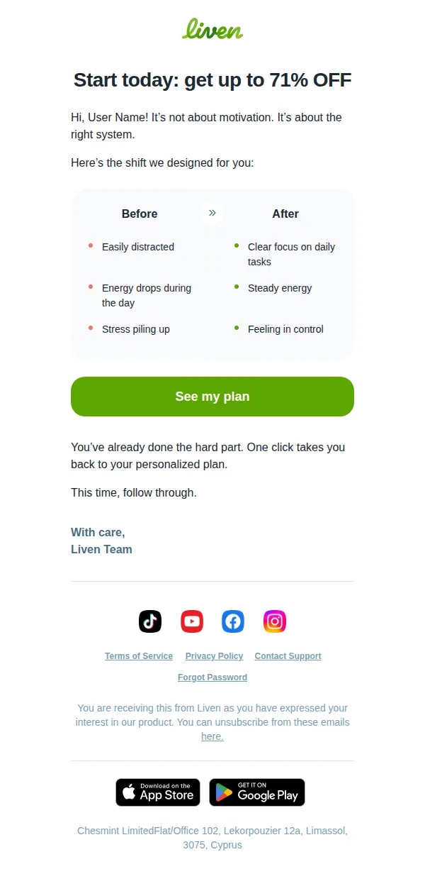 Liven email: Let’s get you from now → your goal