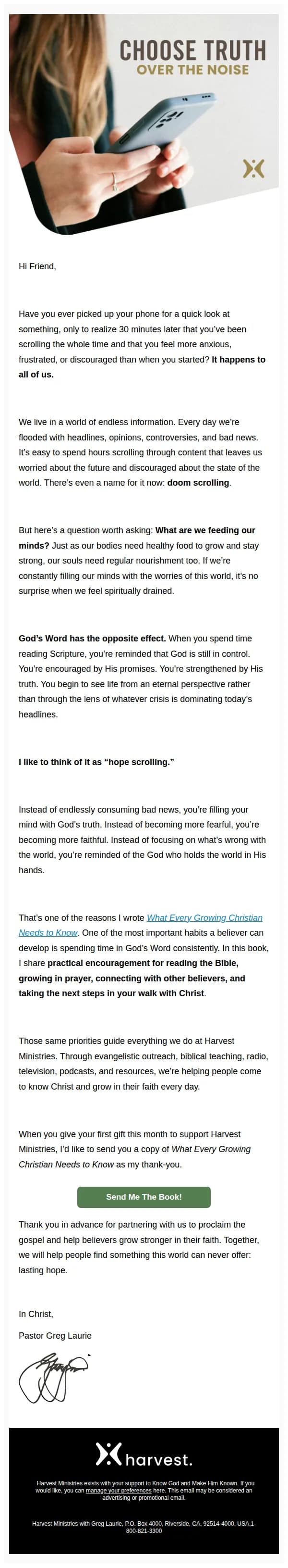 Harvest Ministries email: What are you feeding your mind?